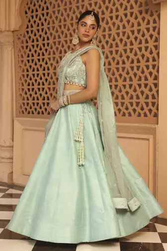 Afsa - Misty Green Lehenga with Blouse and Dupatta