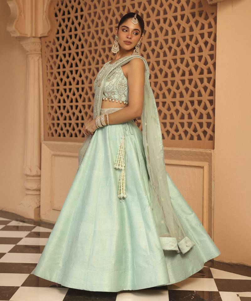 Afsa - Misty Green Lehenga with Blouse and Dupatta