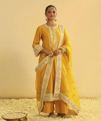 Asmira - mustard long kurta with palazzo & dupatta 1