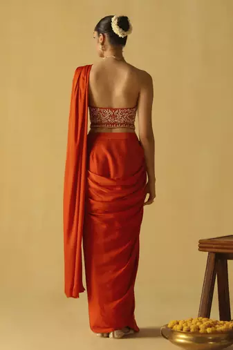 Rumaan - burnt orange saree set