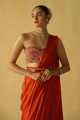 Rumaan - burnt orange saree set