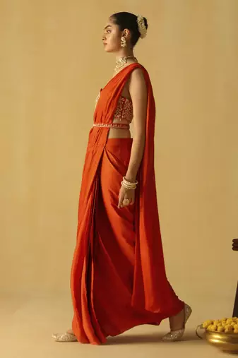 Rumaan - burnt orange saree set