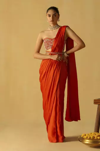 Rumaan - burnt orange saree set