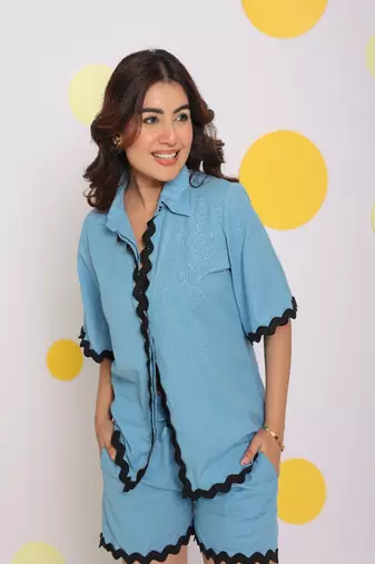 Sky blue buttoned relaxed collared shirt and shorts linen co-ord set