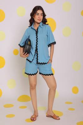 Sky blue buttoned relaxed collared shirt and shorts linen co-ord set 5