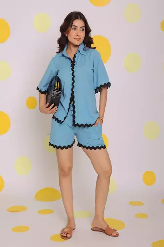 Sky blue buttoned relaxed collared shirt and shorts linen co-ord set