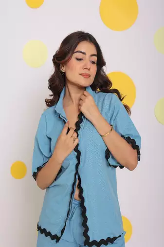 Sky blue buttoned relaxed collared shirt and shorts linen co-ord set