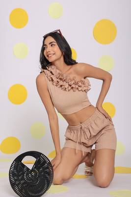 Beige one shoulder off frilled top and shorts two piece set summer co-ord set 3