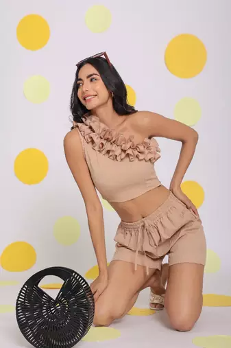 Beige one shoulder off frilled top and shorts two piece set summer co-ord set