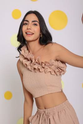 Beige one shoulder off frilled top and shorts two piece set summer co-ord set 6