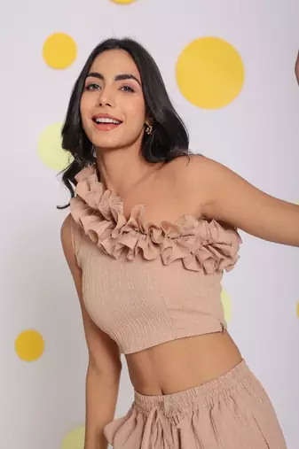Beige one shoulder off frilled top and shorts two piece set summer co-ord set