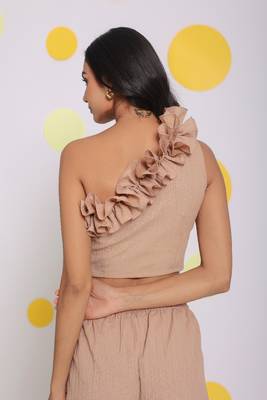Beige one shoulder off frilled top and shorts two piece set summer co-ord set 7