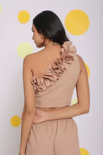 Beige one shoulder off frilled top and shorts two piece set summer co-ord set