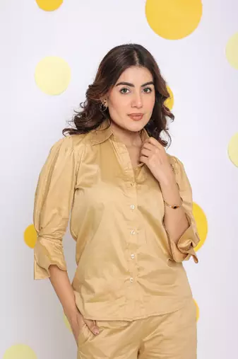 Beige shirt and pant 2 piece set summer relaxed 100% cotton co-ord set