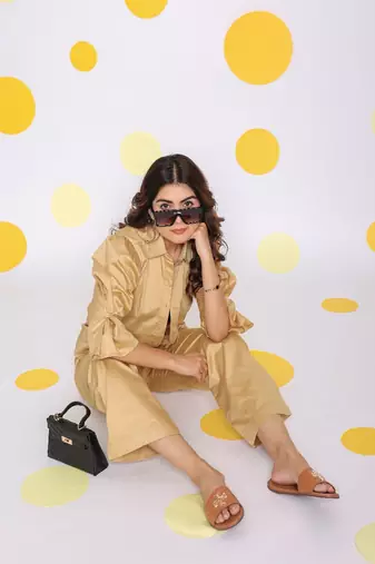 Beige shirt and pant 2 piece set summer relaxed 100% cotton co-ord set
