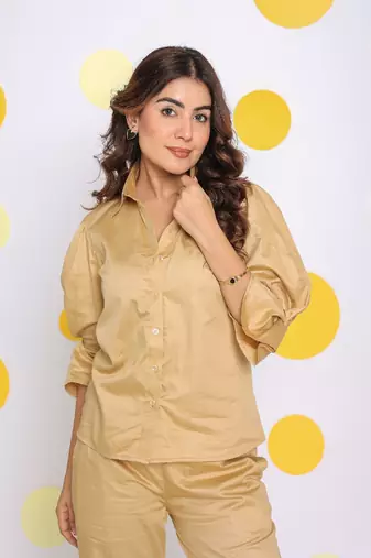 Beige shirt and pant 2 piece set summer relaxed 100% cotton co-ord set