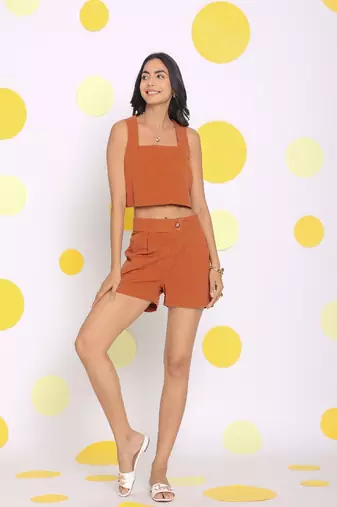 Brown summer relaxed casual crop top and shorts linen co-ord set
