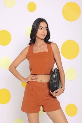 Brown summer relaxed casual crop top and shorts linen co-ord set 7