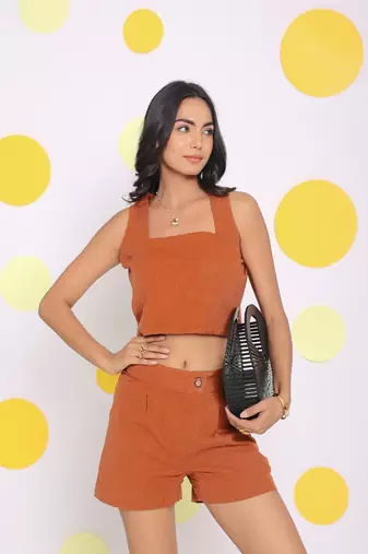 Brown summer relaxed casual crop top and shorts linen co-ord set