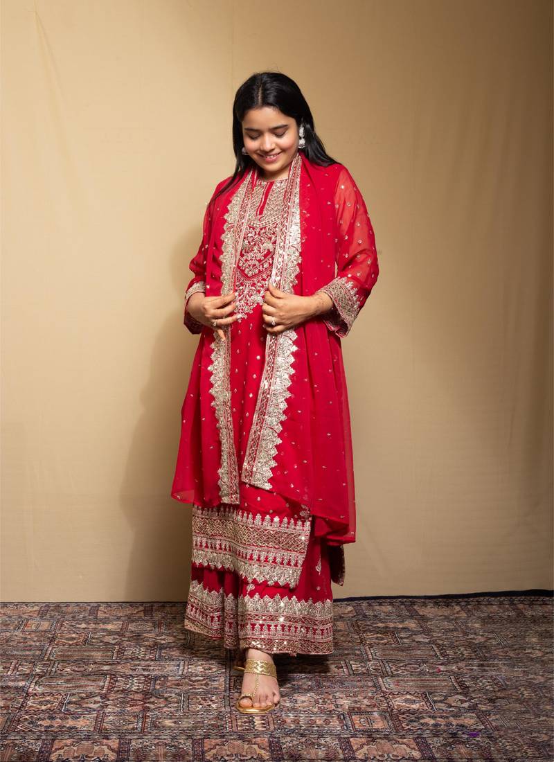 Maroon faux georgette embroidered kurta with pant & dupatta