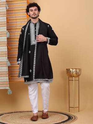 Men cotton silk ethnic motifs embroidered black kurta and trouser with stole 1