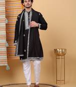 Men cotton silk ethnic motifs embroidered black kurta and trouser with stole