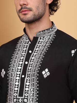 Men cotton silk ethnic motifs embroidered black kurta and trouser with stole 2
