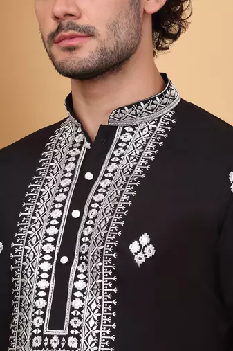 Men cotton silk ethnic motifs embroidered black kurta and trouser with stole