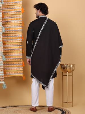 Men cotton silk ethnic motifs embroidered black kurta and trouser with stole 3