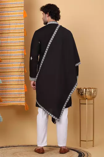 Men cotton silk ethnic motifs embroidered black kurta and trouser with stole