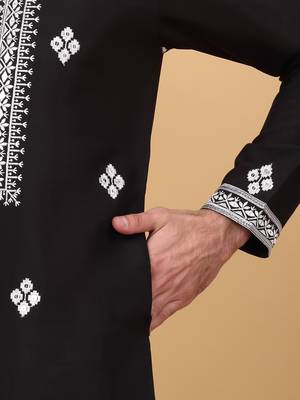 Men cotton silk ethnic motifs embroidered black kurta and trouser with stole 4