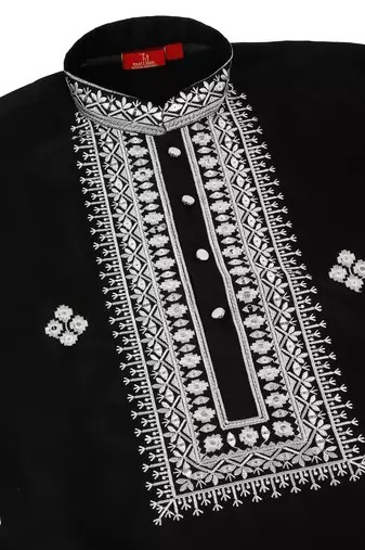 Men cotton silk ethnic motifs embroidered black kurta and trouser with stole