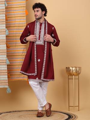 Men cotton silk ethnic motifs embroidered maroon kurta and trouser with stole 1