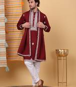 Men cotton silk ethnic motifs embroidered maroon kurta and trouser with stole