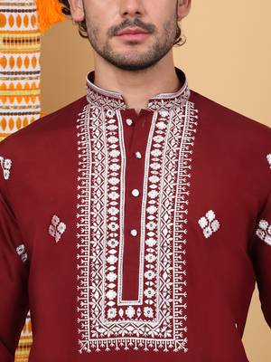 Men cotton silk ethnic motifs embroidered maroon kurta and trouser with stole 2