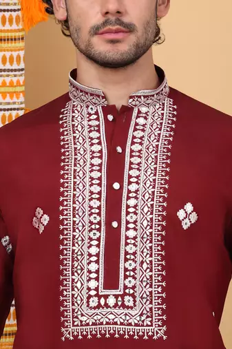 Men cotton silk ethnic motifs embroidered maroon kurta and trouser with stole