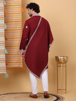 Men cotton silk ethnic motifs embroidered maroon kurta and trouser with stole 3