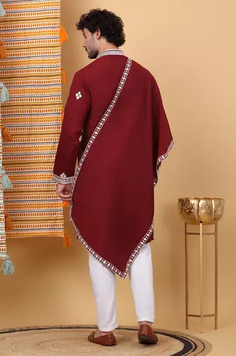 Men cotton silk ethnic motifs embroidered maroon kurta and trouser with stole