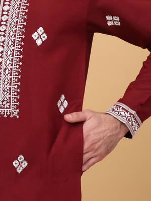 Men cotton silk ethnic motifs embroidered maroon kurta and trouser with stole 4