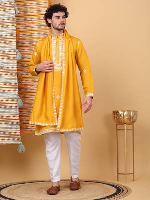 Men cotton silk ethnic motifs embroidered mustard kurta and trouser with stole 1