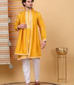 Men cotton silk ethnic motifs embroidered mustard kurta and trouser with stole