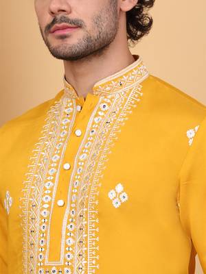 Men cotton silk ethnic motifs embroidered mustard kurta and trouser with stole 2