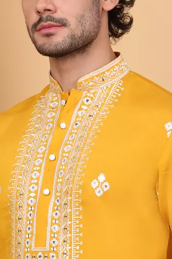 Men cotton silk ethnic motifs embroidered mustard kurta and trouser with stole