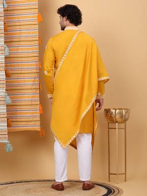 Men cotton silk ethnic motifs embroidered mustard kurta and trouser with stole 3
