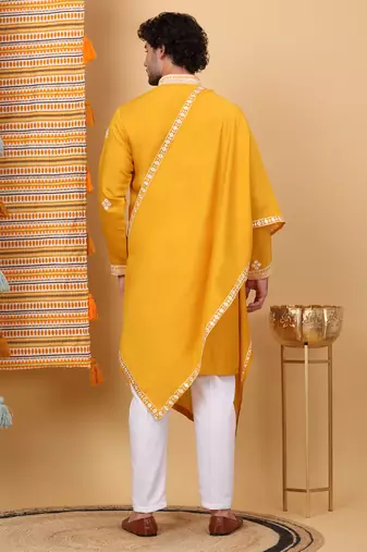 Men cotton silk ethnic motifs embroidered mustard kurta and trouser with stole