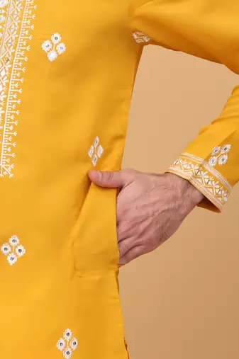Men cotton silk ethnic motifs embroidered mustard kurta and trouser with stole