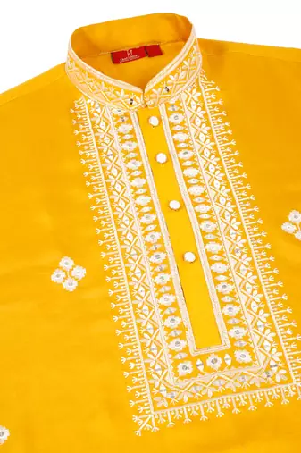 Men cotton silk ethnic motifs embroidered mustard kurta and trouser with stole