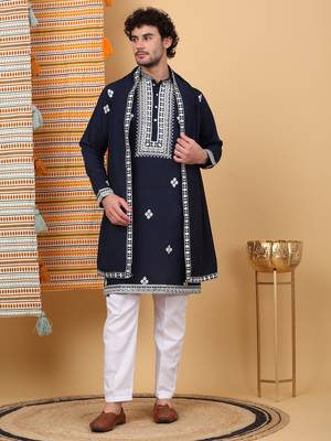 Men cotton silk ethnic motifs embroidered navy blue kurta and trouser with stole 1
