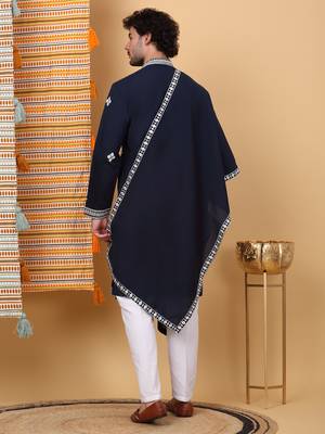 Men cotton silk ethnic motifs embroidered navy blue kurta and trouser with stole 3