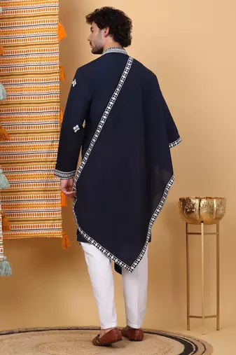 Men cotton silk ethnic motifs embroidered navy blue kurta and trouser with stole
